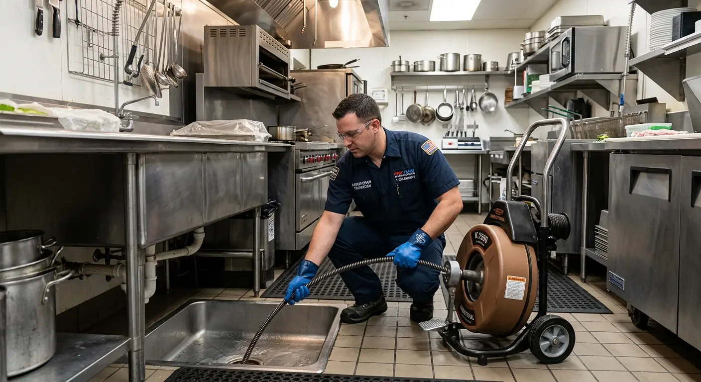 Commercial drain cleaning service in a restaurant kitchen in Penn