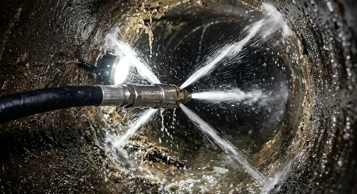 High-pressure hydro jetting nozzle cleaning sewer pipe for Emergency Drain Service in Penn