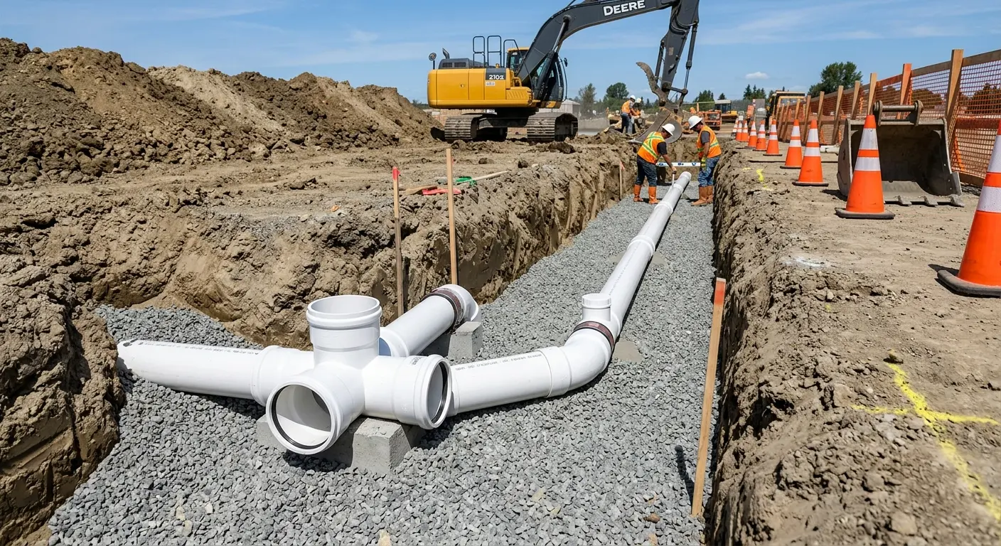 New PVC sewer pipe installation in open trench for Sewer Backup in Penn