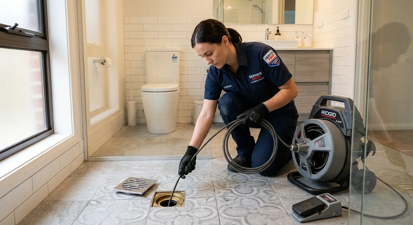 Technician clearing a bathroom floor drain for Drain Cleaning in Penn